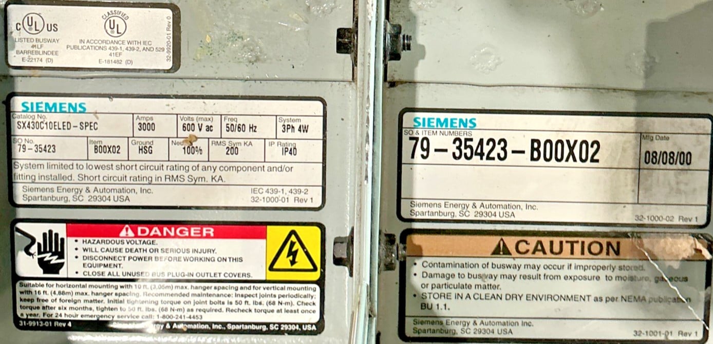 3000 Amps, Siemens #SX430C10ELED-SPEC, Busway, 600 Volts, 3 Phase, 4 Wire - Image 3