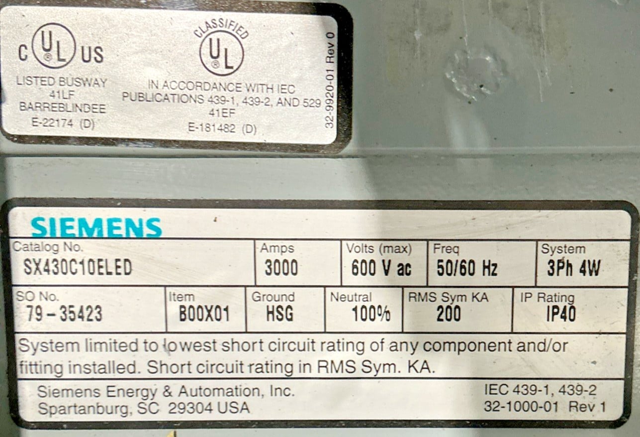 3000 Amps, Siemens #SX430C10ELED, Busway, 600 Volts, 3 Phase, 4 Wire - Image 4
