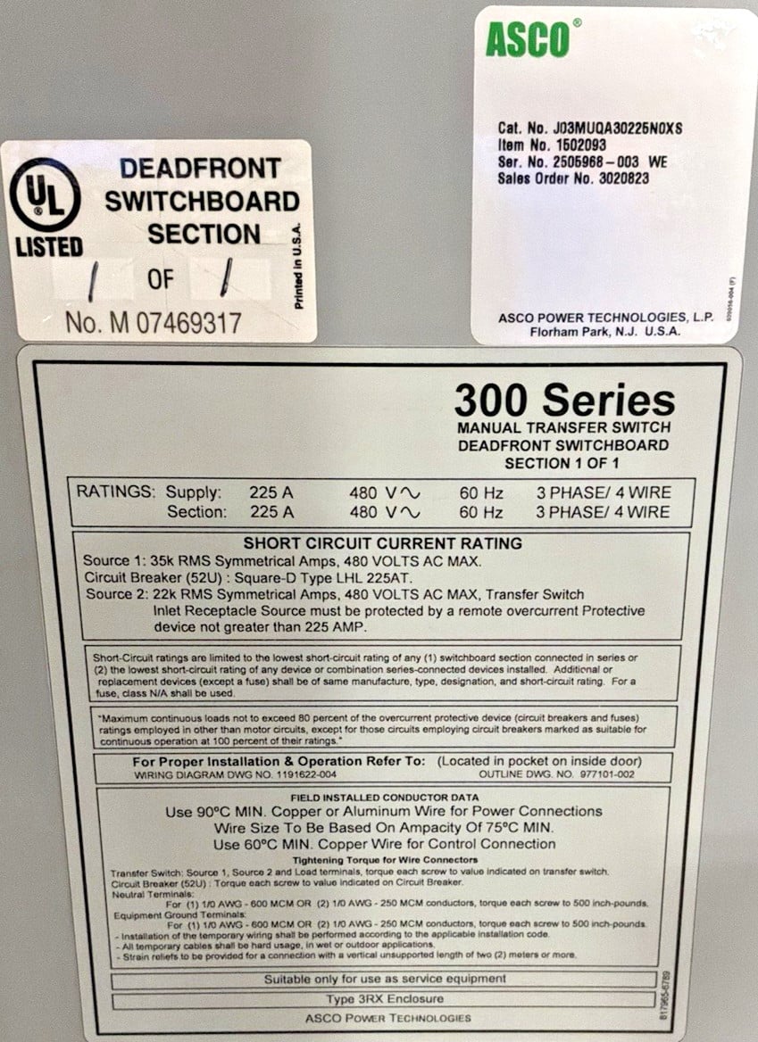 225 Amp. ASCO #J03M4QA30225N0XS, Manual Transfer Switch, 480 Volts, 3 Pole, 4 Wire, service entrance rated - Image 6