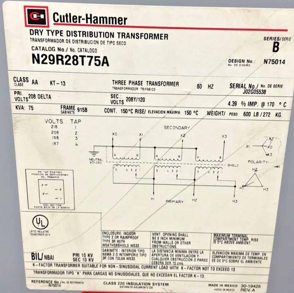 75 KVA 208 Primary, 208Y/120 Secondary, Cutler-Hammer #N29R28T75A, Transformer, 3 Phase, 60 Hz - Image 2