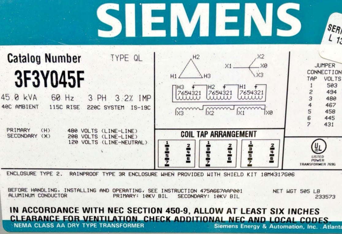 45 KVA 480 Primary, 208Y/120 Secondary, Siemens #3F3Y045F, Transformer, 3 Phase, 60 Hz, NEMA 2 - Image 2