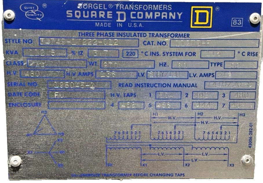 112.5 KVA 480 Primary, 208Y/120 Secondary, Square D #112T3HF, Transformer, 60 Hz - Image 2