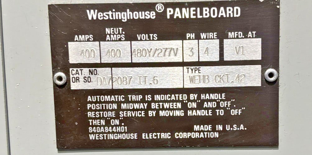 400 Amp. Westinghouse DA72087, MLO Panelboard, 480Y/277 Volts, 3 Phase, 4 Wire - Image 3