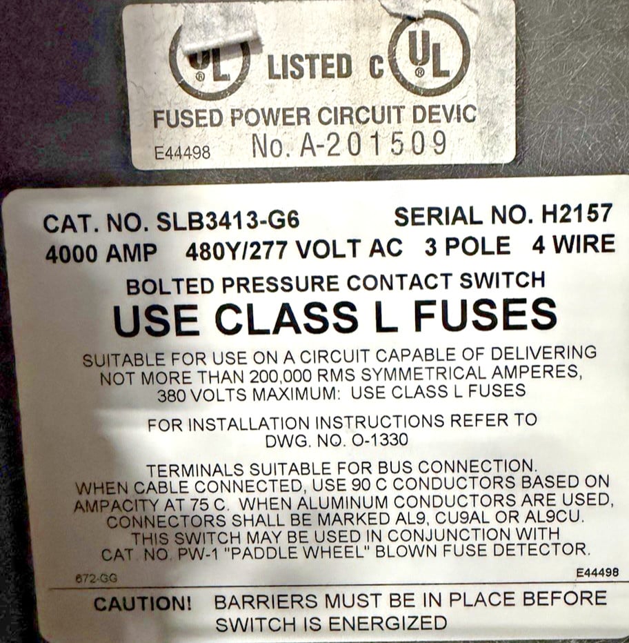 4000 Amp. Boltswitch #SLB3413-G6, bolted pressure, 480 Volts, 3 Pole, 4 Wire, w/ fuses - Image 2
