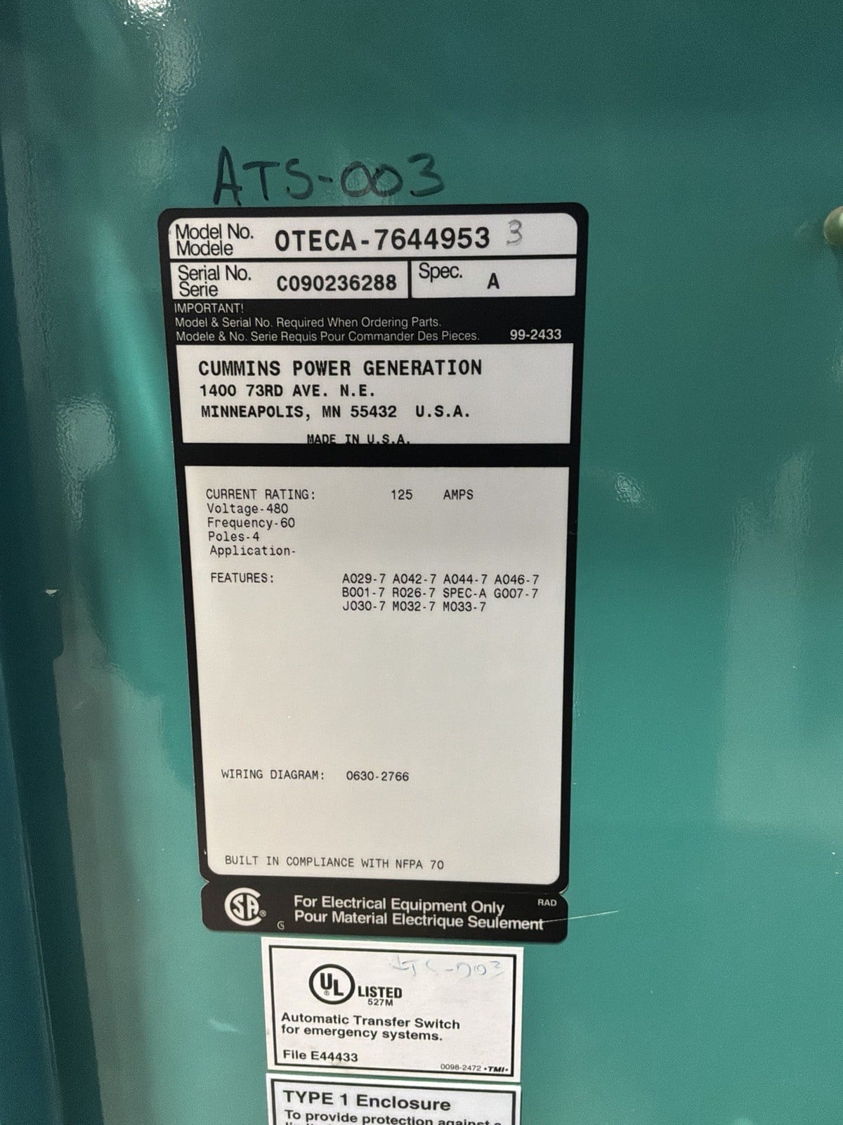 125 Amp. Cummins #OTECA-7644953, transfer switch, 480 Volts, 4 Pole, 60 Hz - Image 2