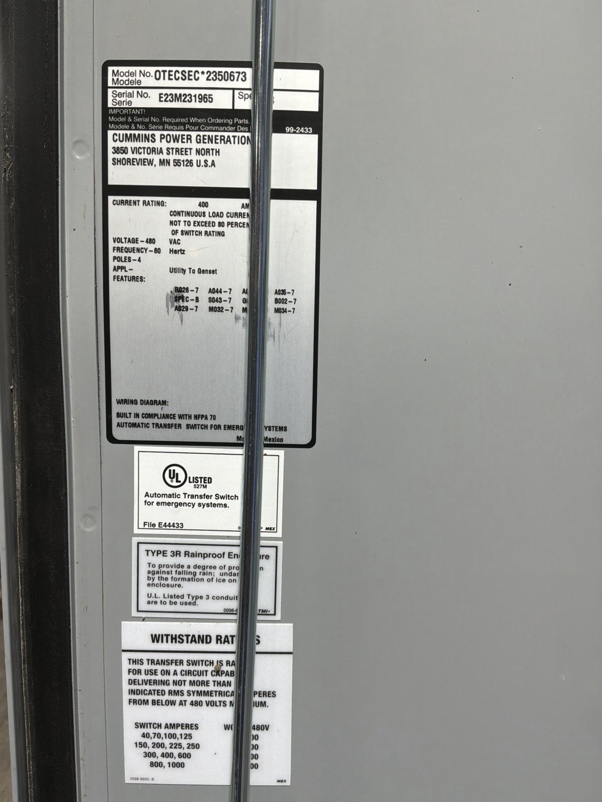 600 Amp. Cummins #E23M231965, Transfer Switch, 480 Volts, 4 Pole, service entrance rated, 60 Hz - Image 2