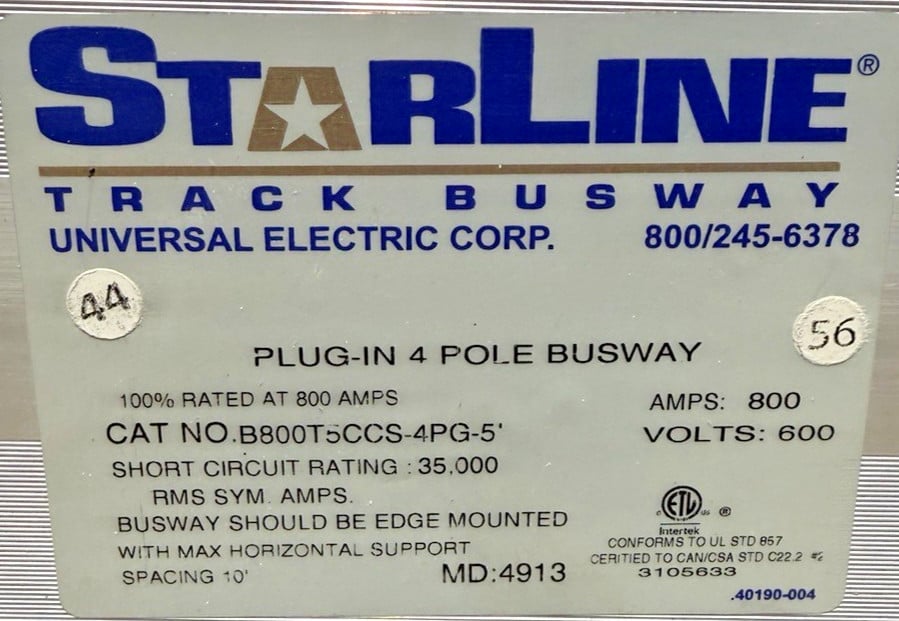 800 Amps, Starline #B800T5CCS-4PG-5, Plug-In Busway, 600 Volts, 4 Pole - Image 2