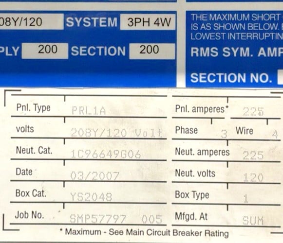 225 Amp. Eaton SMP57797005, Main Breaker Panelboard, 208Y/120 Volts, 3 Phase, 4 Wire - Image 2