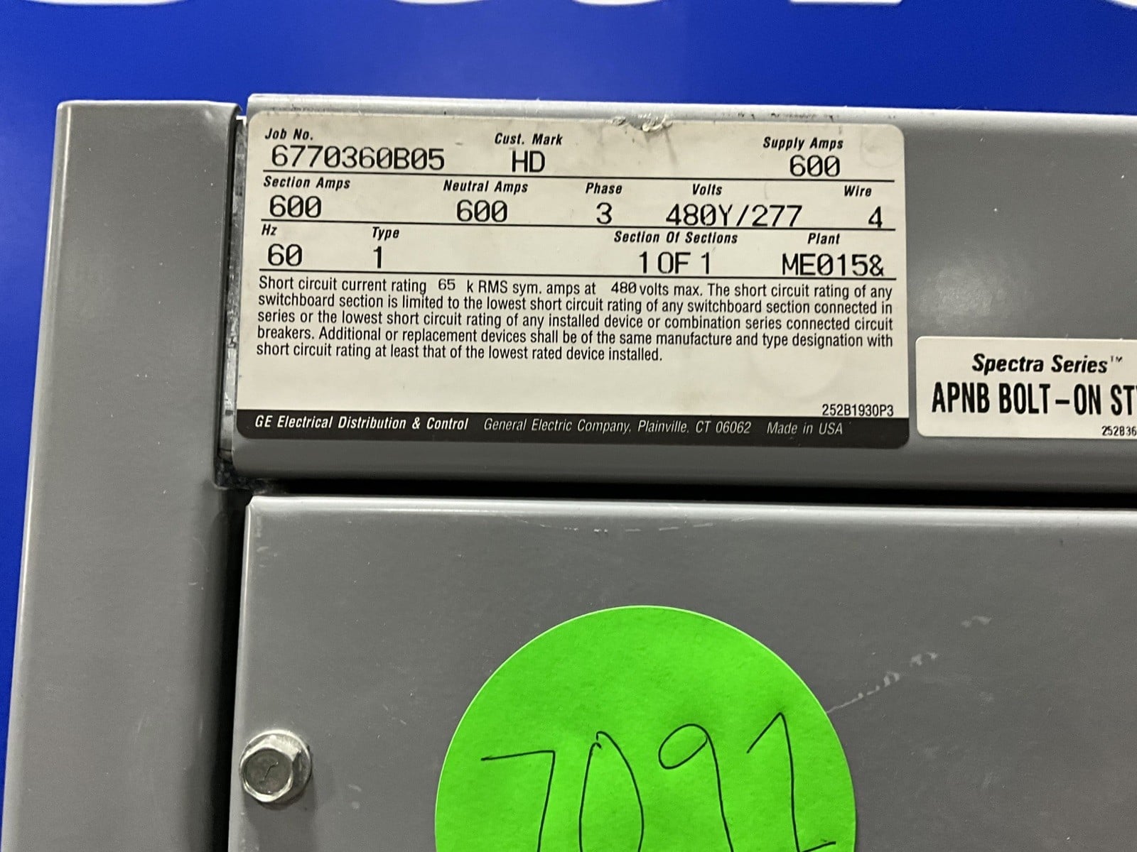 600 Amp. General Electric 6770360B05, Panelboard, 480 Volts, 3 Phase, 4 Wire - Image 2