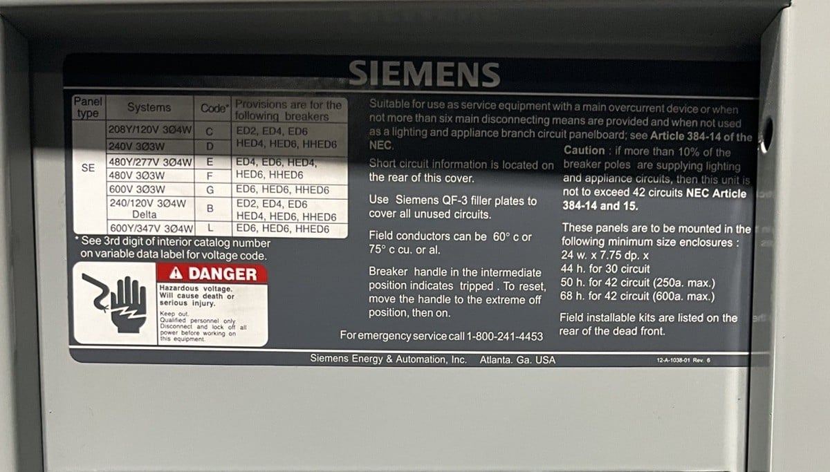 400 Amp. Siemens SEE42ML400ATS, MLO Panelboard, 240 Volts, 3 Phase, 4 Wire - Image 4