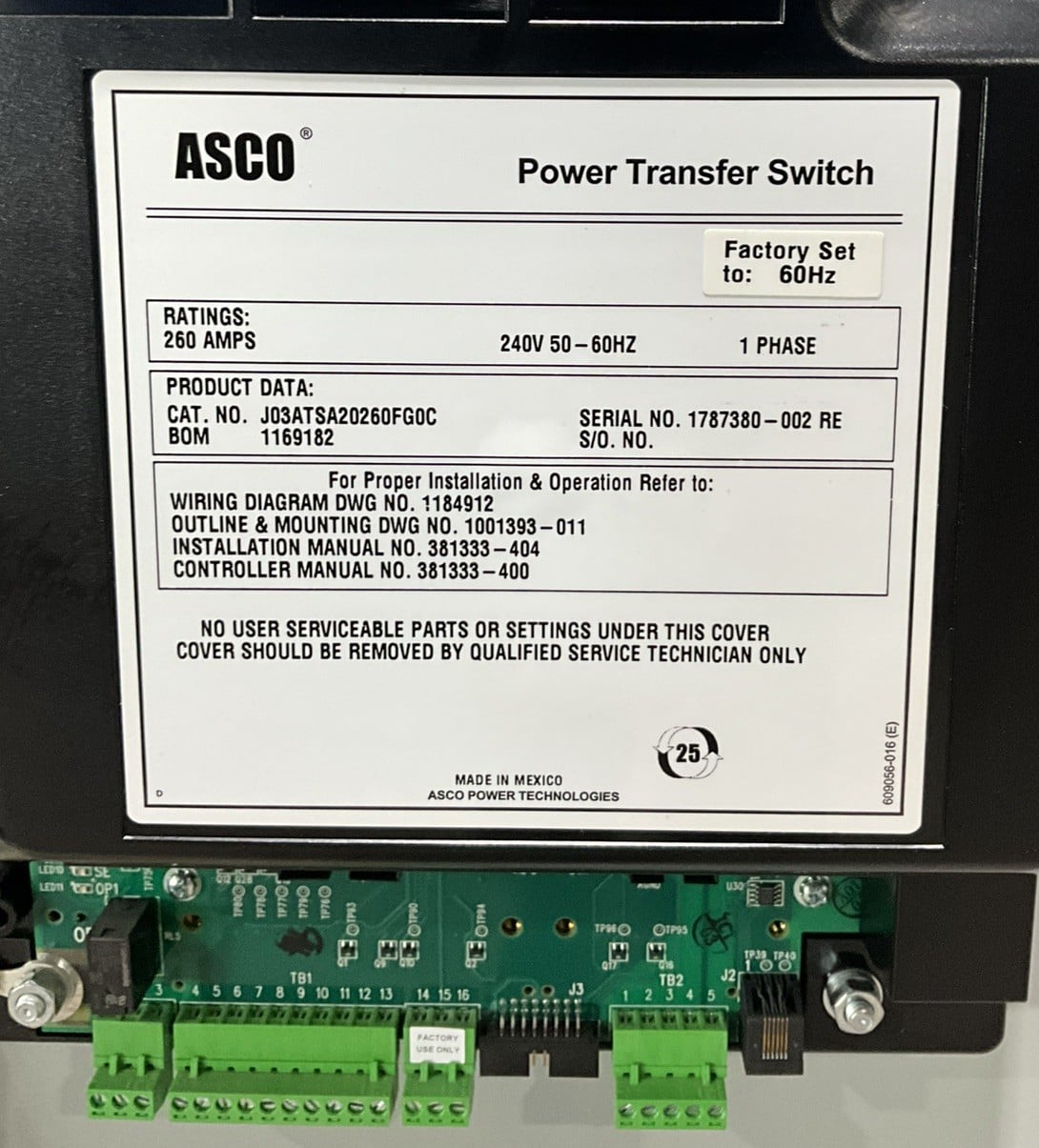 260 Amp. ASCO #J03ATSA20260FG0C, Automatic Transfer Switch, 240 Volts, 1 Phase, 50/60 Hz - Image 2