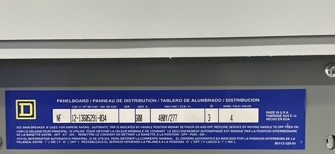 600 Amp. Square D 12-13605291-034, NF MLO Panelboard, 480 Volts, 3 Phase, 4 Wire - Image 2