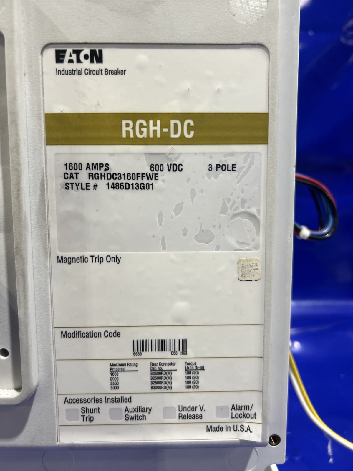 1600 Amps, Eaton #RGHDC3160FFWE, molded case DC circuit breaker, 600 Volts - Image 2