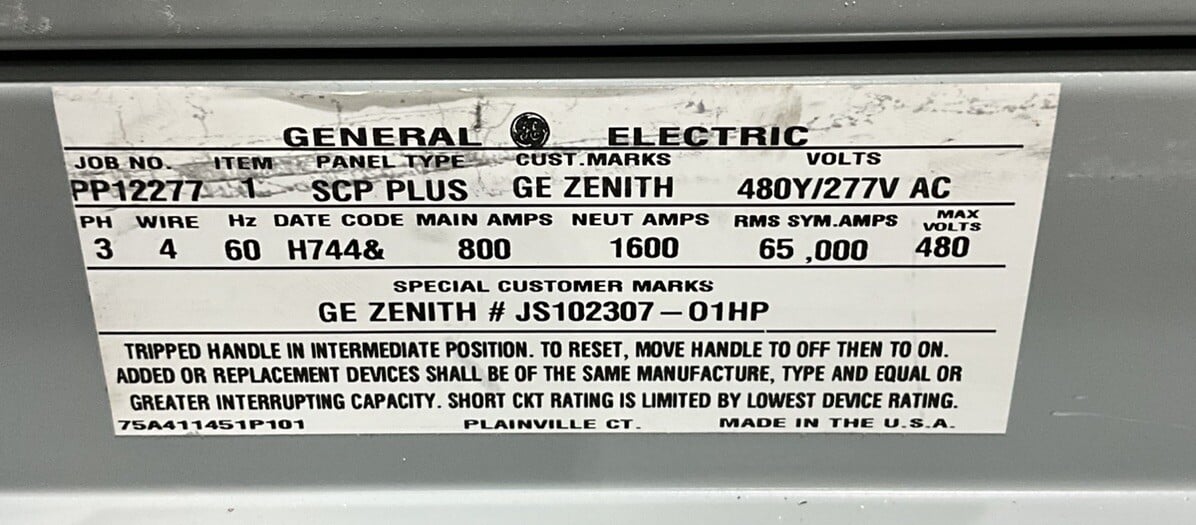 800 Amp. General Electric PP12277, Maintenance Bypass Panelboard, 480 Volts, 3 Phase, 4 Wire - Image 2