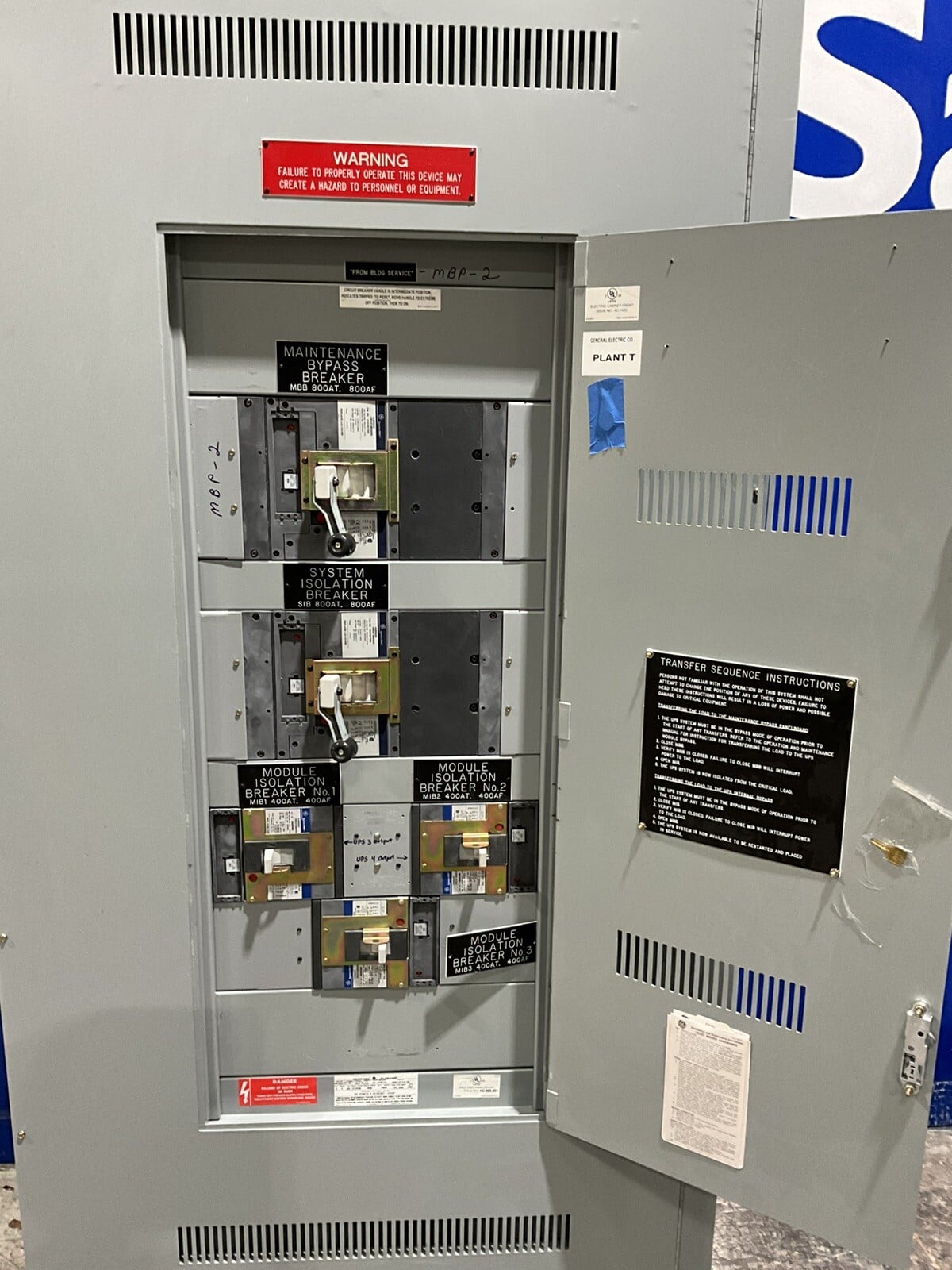 800 Amp. General Electric PP12277, Maintenance Bypass Panelboard, 480 Volts, 3 Phase, 4 Wire - Image 4