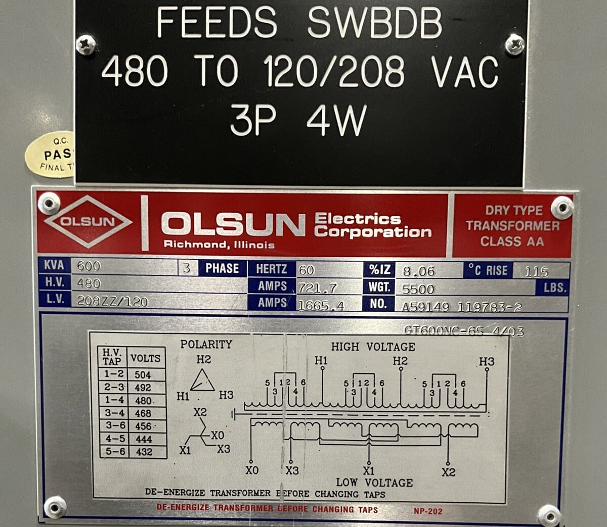 600 KVA 480 Primary, , Olsun #A59149119783-2, Transformer, 60 Hz - Image 2