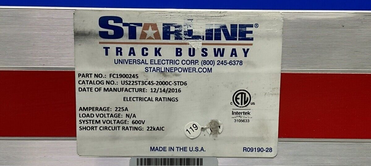 225 Amps, Starline #US225T3C4S-2000C-STD6, Track Busway, 600 Volts, 20' length - Image 2