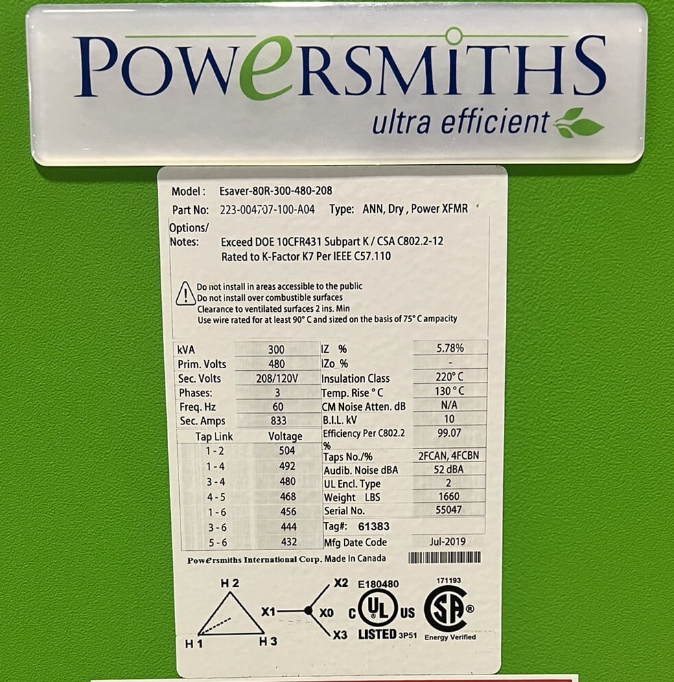 300 KVA 480 Primary, 208/120 Secondary, Powersmiths, Transformer, 3 Phase, E-Saver - Image 2