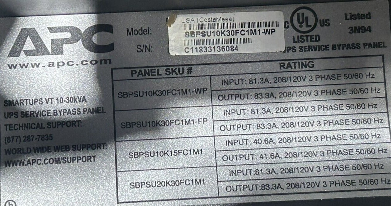 10.0 -30 KVA APC #SBPSU10K30FC1M1-WP, Smart-UPS VT maintenance bypass panel, 208 Volts - Image 3