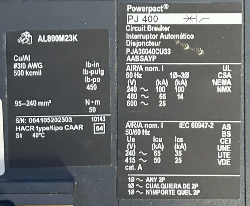 400 Amps, Square D #PJA36040CU33, I-Line circuit breaker, 600 Volts, new, open box - Image 2
