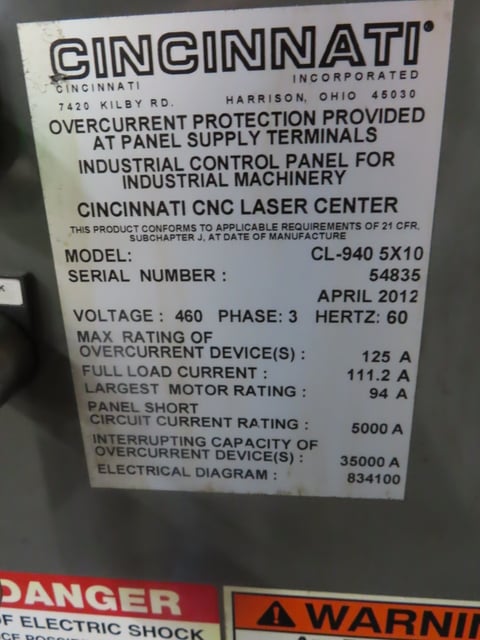 Cincinnati #CL-940, CNC Fiber Laser, 4000 watt, 60" x 120" max workpiece, 121" X, 61" Y, 10" Z, IPG YLS-4000 - Image 9