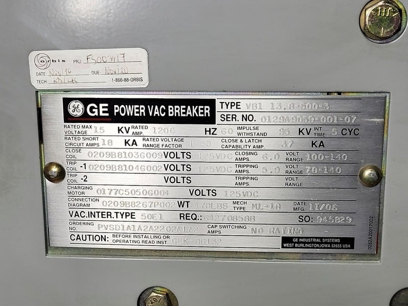 1200 Amps, General Electric PowerVac, VB1-13.8-500-3, Vacuum Circuit Breaker, 15 KV, 18 KA short circuit, 125 - Image 2