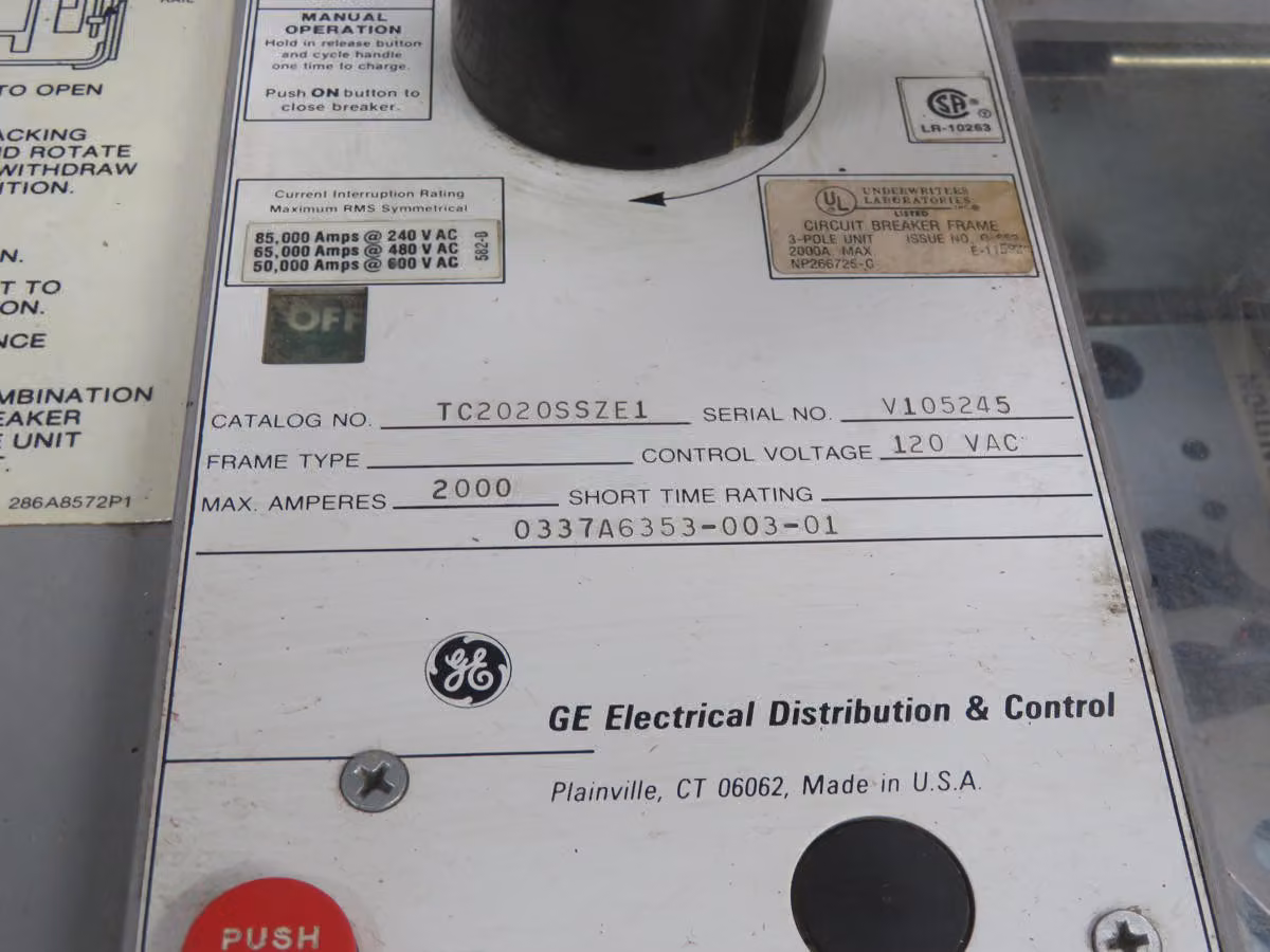 2,000 Amp, General Electric #TC2020SSZE1, circuit breaker, 120 VAC control, 6,000 Amp interrupting - Image 4