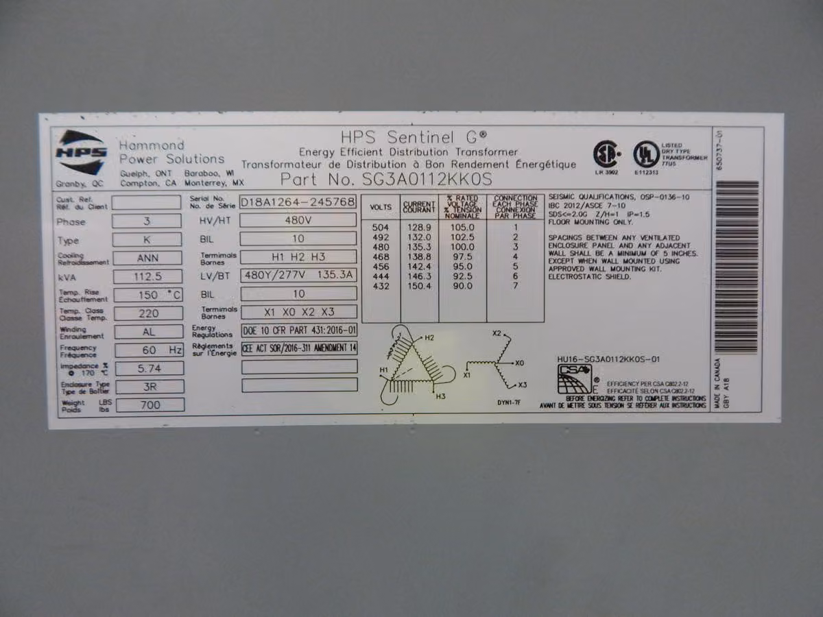 112.5 KVA 480 Primary, 480Y/277 Secondary, Hammond, Sentinel G Power Transformer, 3 Phase, 60 Hz., NEMA 3R - Image 5