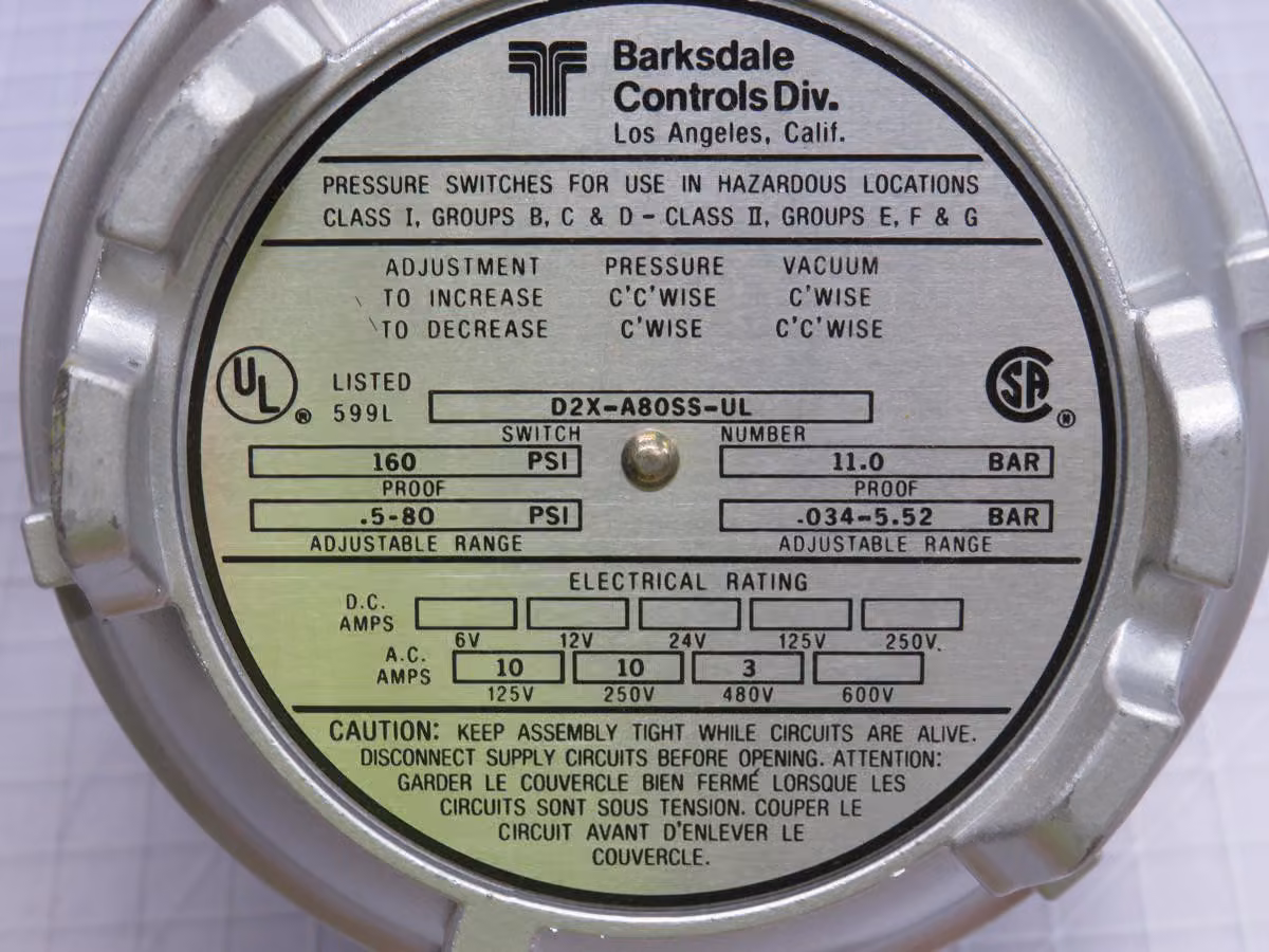 Barksdale #D2X-A80SS-UL, Pressure Switch - Image 5