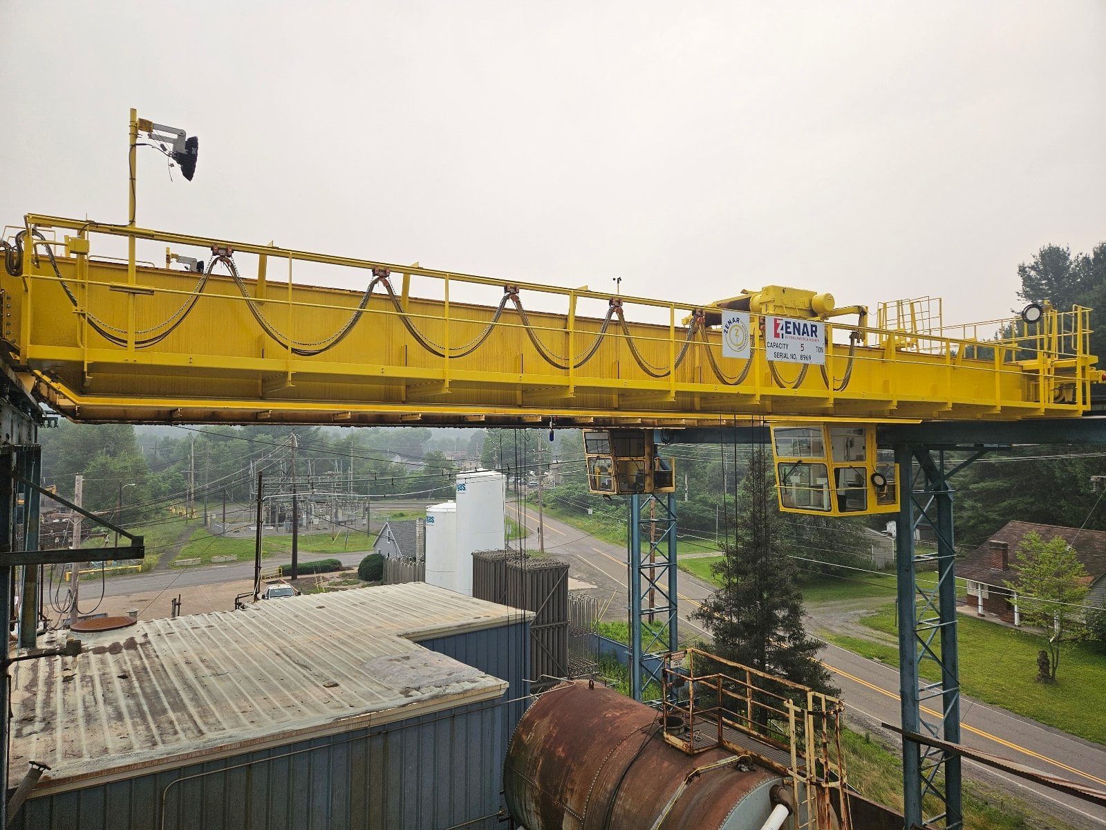 5 Ton, Zenar, 50' Span, 45' Lift, top running double girder bridge crane, cab operated, dual hoist trolleys - Image 1