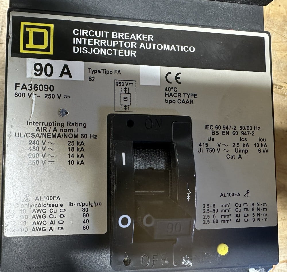90A, Square D, FA36090, Type FA Plug-In Molded Case Circuit Breaker, 3-Pole, 600 VAC / 250 VDC, 18kA @ 480V - Image 2