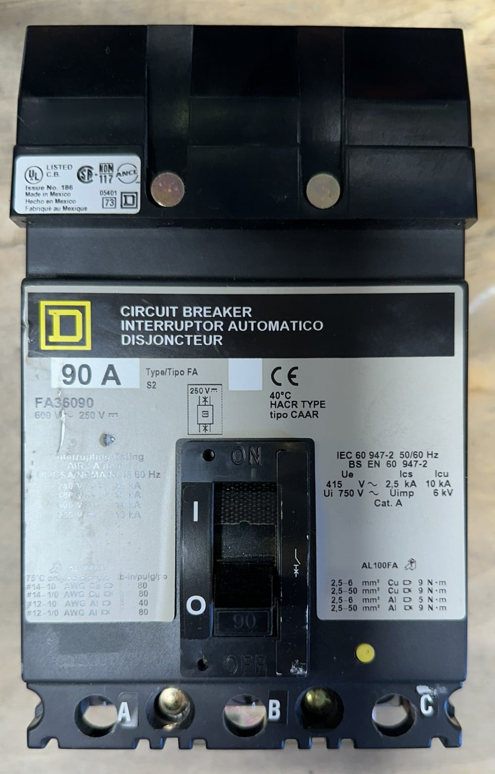 90A, Square D, FA36090, Type FA Plug-In Molded Case Circuit Breaker, 3-Pole, 600 VAC / 250 VDC, 18kA @ 480V - Image 3