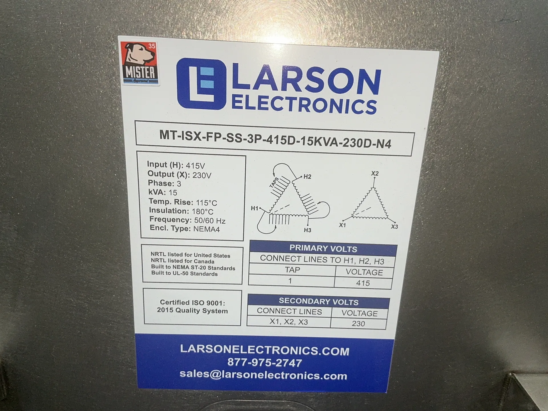 15 KVA 415 Primary, 230 Secondary, Larson Electric MT-ISX-FP-SS-3P-415D-15KVA-230D-N4, transformer, 230/415 - Image 6