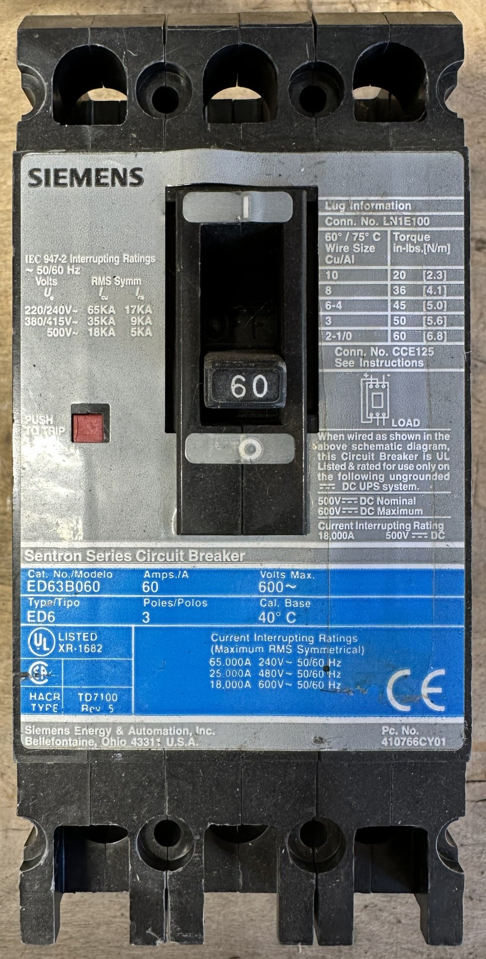 60A, Siemens, ED63B060, Sentron Type ED6, Molded Case Circuit Breaker, 3-Pole, 600 VAC, 65kA @ 240V - Image 2