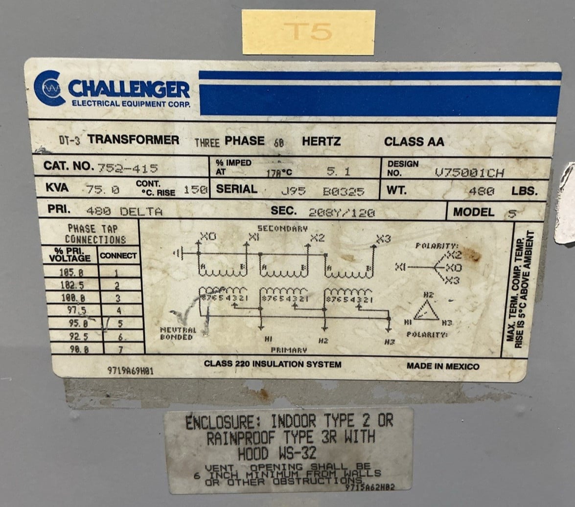 75 KVA 480 Delta Primary, 208Y/120 Secondary, Challenger 752-415, Dry Type Transformer, 3PH, 60 Hz - Image 1