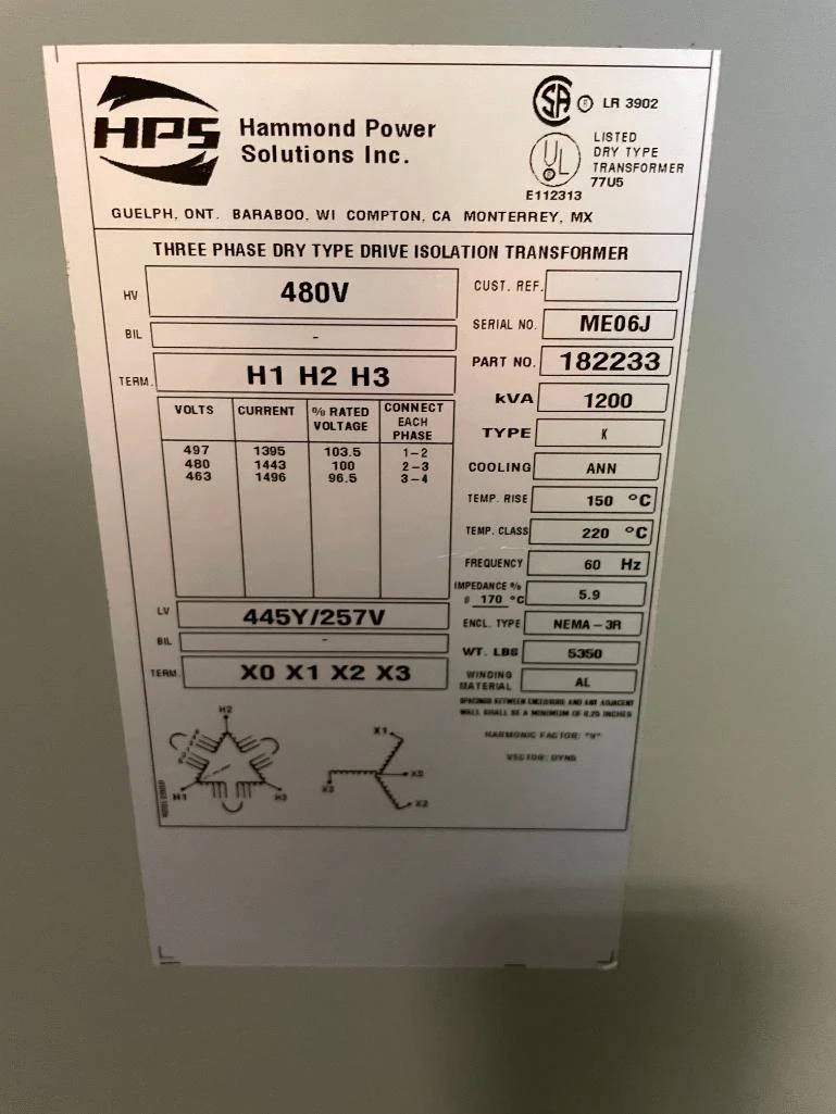 1200 KVA 480 Primary, 445Y/257 Secondary, Hammond HPS, Dry type transformer - Image 2