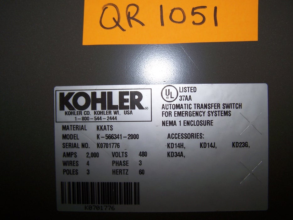 2000 Amp. Kohler, transfer switch, 4 wire, 3 phase, 480 Volts - Image 2