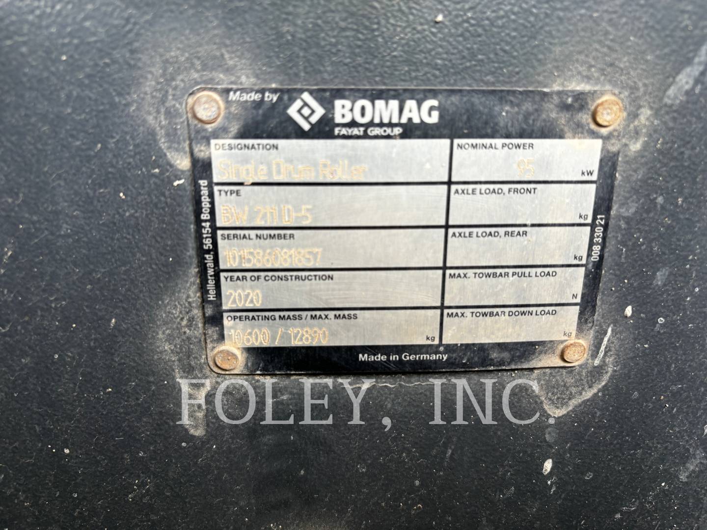 Bomag BW 211 D-5, Vibratory Single Drum Smooth, 1863 hours, S/N: 101586081857, 2020 - Image 6