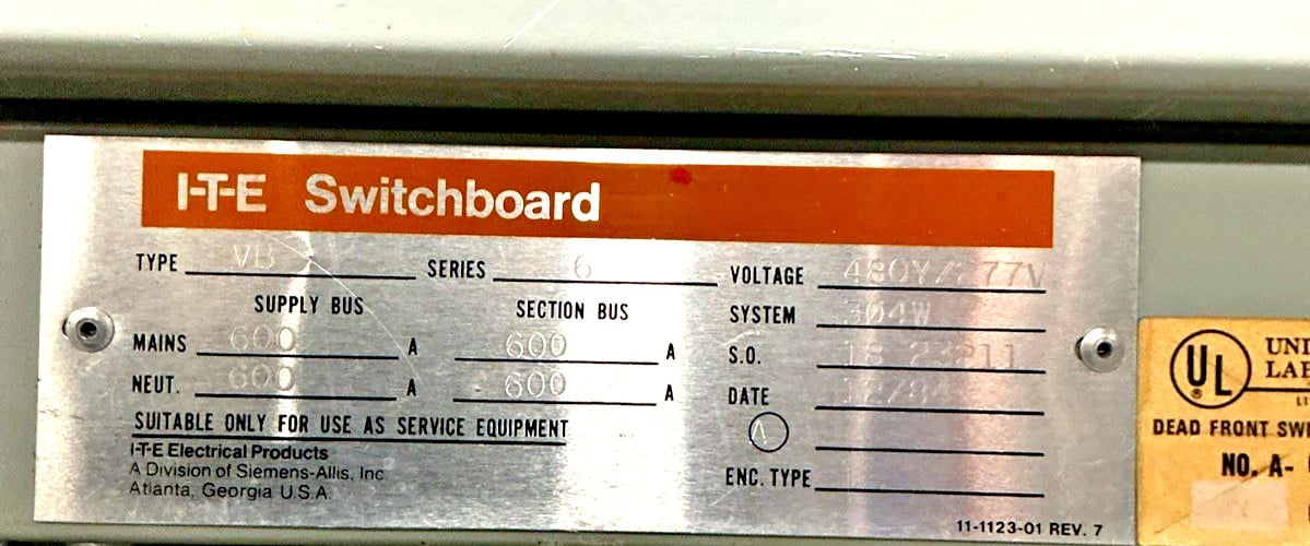 600 Amps, ITE V7H3606MS, Switchboard, 480Y/277 Volts, 3PH, 400 HP, 24 breakers, 3 fuses - Image 2