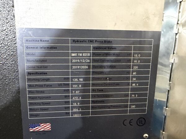 150 Ton, Accurl #SMART-FAB-B32135, CNC press brake, 10' overall, 7.87" stroke, 15 HP, 220 V., 3 phase, 2019 - Image 4