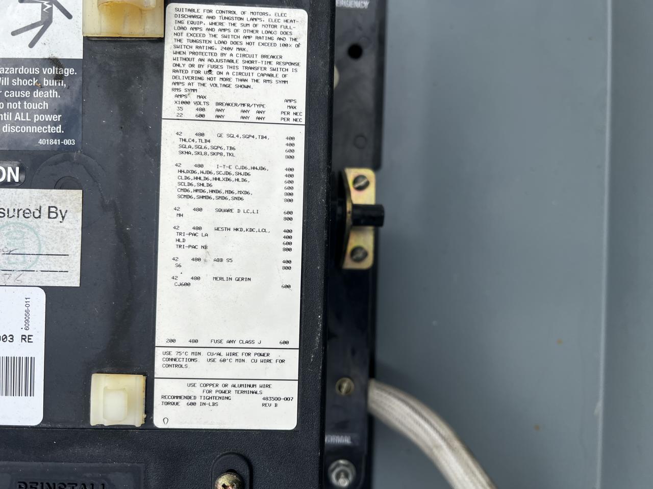 400 Amp. Kohler/MTU #GM17963, Automatic Transfer Switch, circuit breaker, NEMA 3 enclosure, 480 Volts, 3PH - Image 8