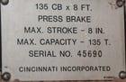 135 Ton, Cincinnati #135CB8, hydraulic press brake, 10' overall, 102" between housing, 8" stroke, 7" throat - Image 3