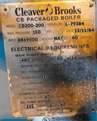 200 HP Cleaver-Brooks #CB-200-200, Steam Boiler, 150 psi, 460 Volts, 1984 - Image 3