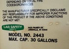Lab Safety #2443, Flammable Storage Cabinet, (2) doors, 30 Gallons, 43" width x 18" D x 44" H - Image 6