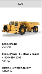 Caterpillar AD45, Underground Mining Truck, 581 HP Cat C18 engine, 49-ton payload, 201-gallon fuel tank - Image 2