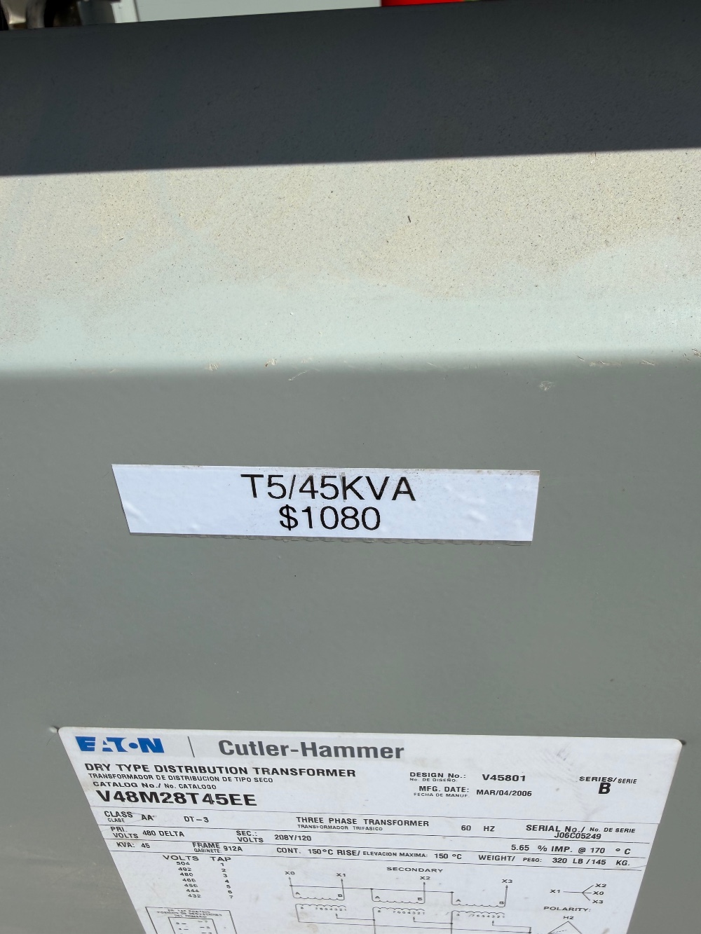 45 KVA 480 Primary, 208Y/120 Secondary, Eaton Eaton Cutler-Hammer
