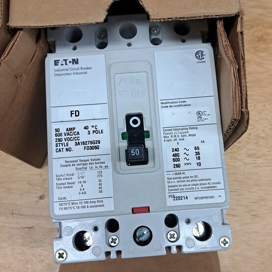 50 Amps, Eaton #FD3050, Type FD Circuit Breaker, 3-pole, 600 VAC, 250 VDC
