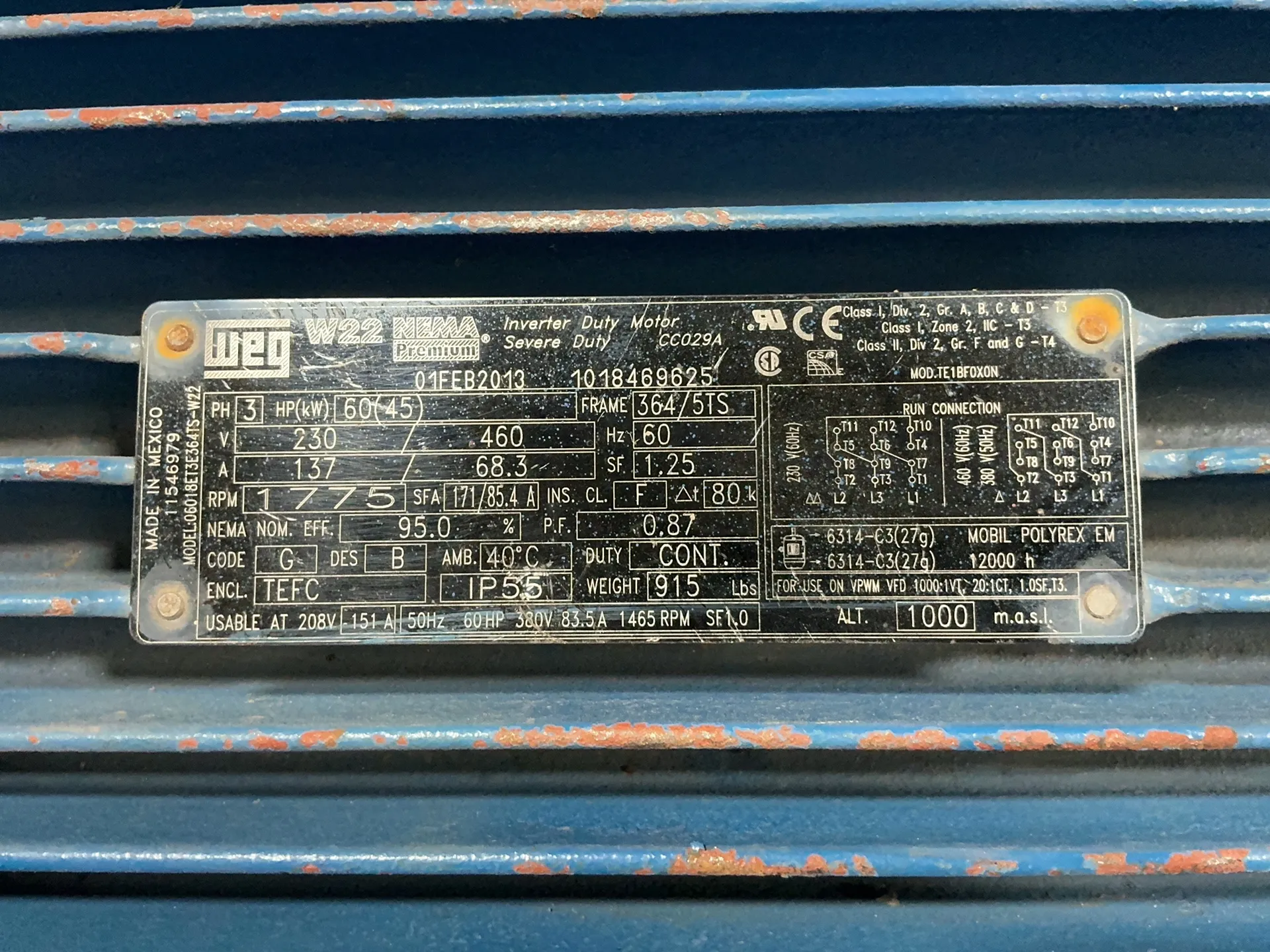 60 HP 1775 RPM WEG #1018469625, 3 phase, 60 Hz, 230/460 Volts, 2013