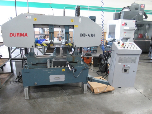 14" Durma #DCB-A360, dual column automatic horizontal band saw, 1.25" x 180" blade, 3 HP, roller style power