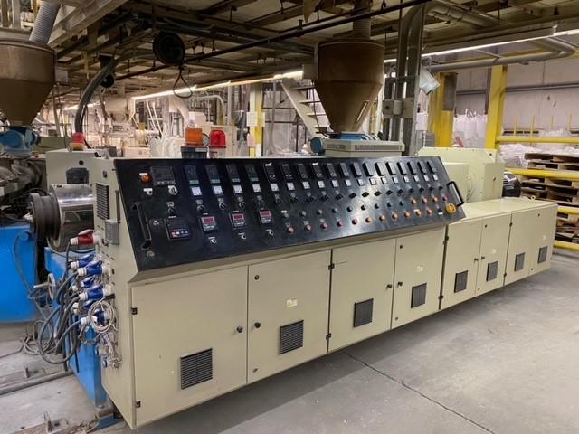 3.6" Jinhu, twin screw extruder, 92mm, 150 HP, ABB drive, spare distributor & reduction gearboxes, 1288